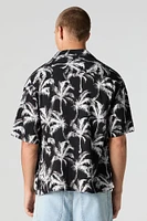 Tropical Print Short Sleeve Button-Up Top