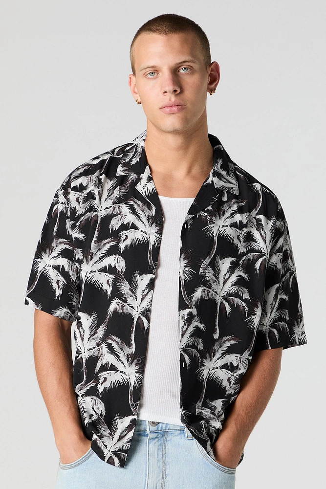 Tropical Print Short Sleeve Button-Up Top