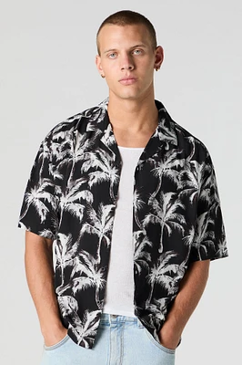 Tropical Print Short Sleeve Button-Up Top