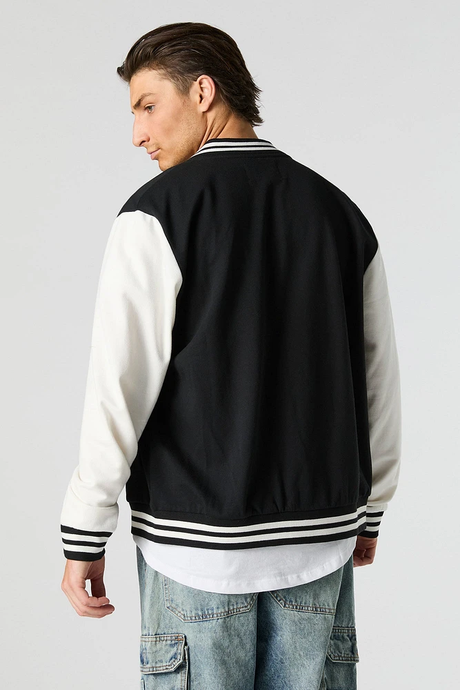 Embroidered Graphic Fleece Varsity Jacket