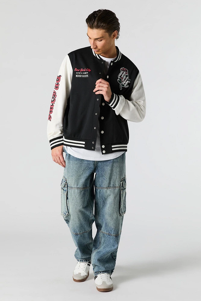 Embroidered Graphic Fleece Varsity Jacket