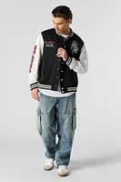 Embroidered Graphic Fleece Varsity Jacket