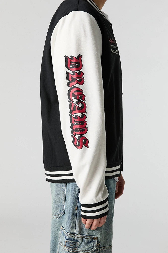 Embroidered Graphic Fleece Varsity Jacket