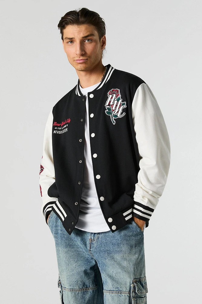 Embroidered Graphic Fleece Varsity Jacket