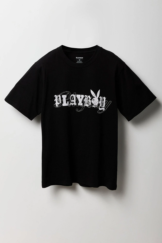 T-shirt à imprimé Playboy Script avec pierres du Rhin