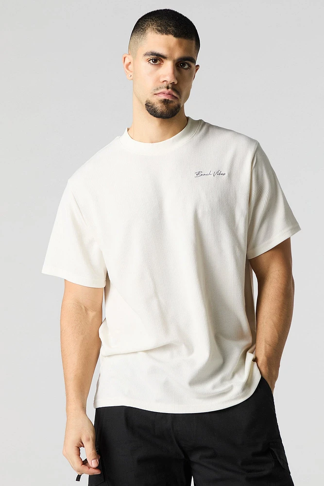 T-shirt en tricot texturé avec motif brodé Beach Vibes