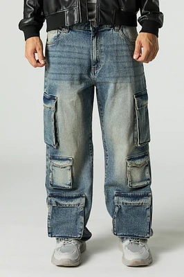 Jean cargo rigide baggy à 6 poches délavé vintage