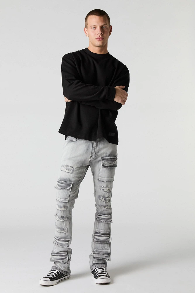 Distressed Denim Stacked Cargo Jean