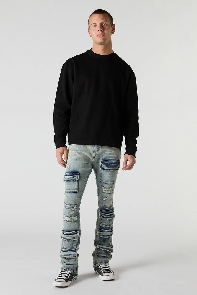 Distressed Denim Stacked Cargo Jean