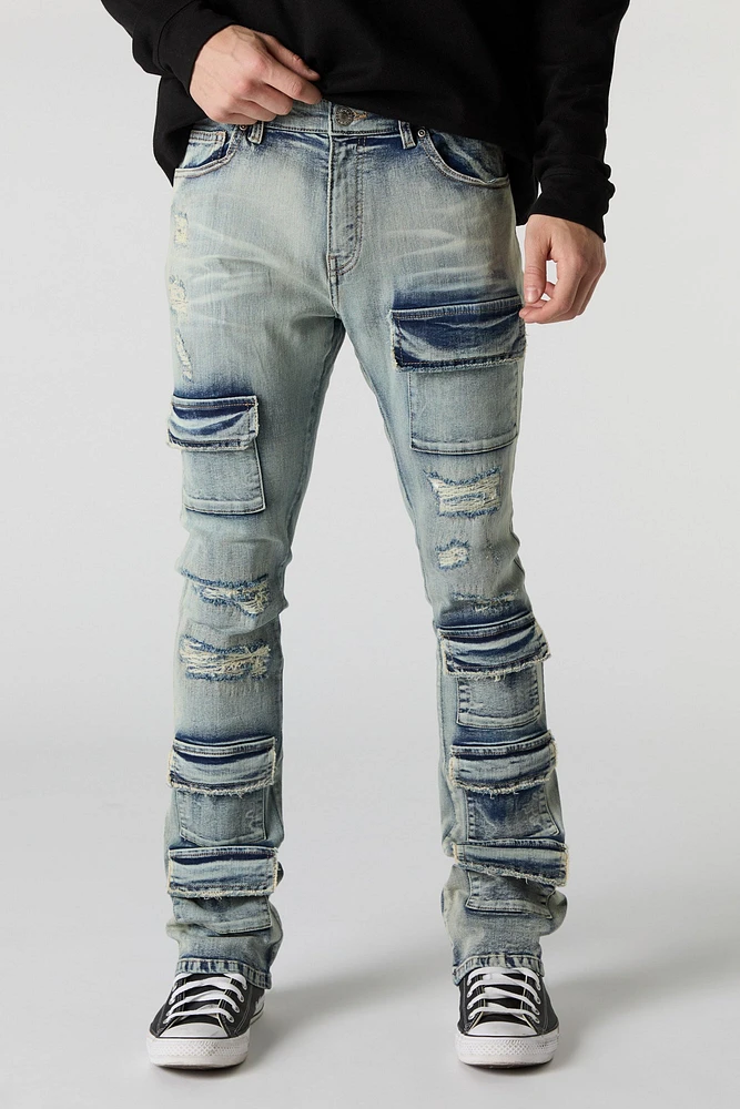 Jean cargo Ã  taille empilÃ©e en denim d'aspect usÃ©