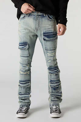 Jean cargo à taille empilée en denim d'aspect usé