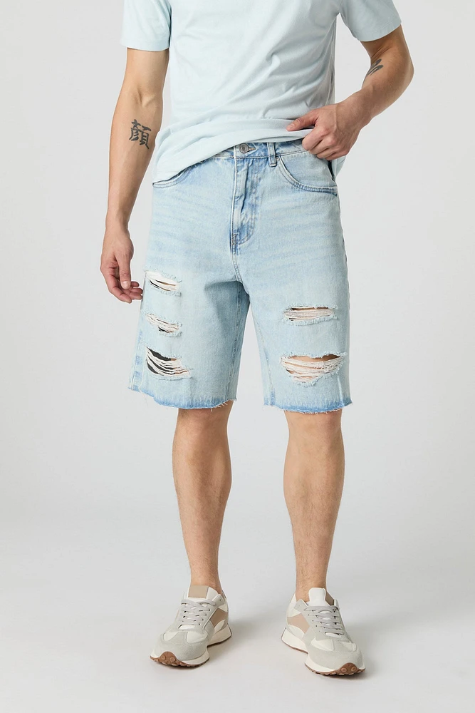 Short baggy en denim d'aspect usé à taille basse avec coulissante