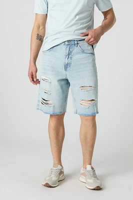 Short baggy en denim d'aspect usé à taille basse avec coulissante