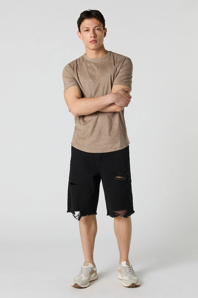Short baggy en denim d'aspect usé à taille basse avec coulissante