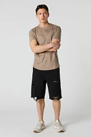 Short baggy en denim d'aspect usé à taille basse avec coulissante