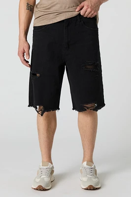 Short baggy en denim d'aspect usé à taille basse avec coulissante