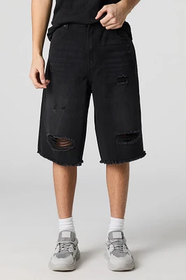 Black Wash Distressed Denim Skater Short