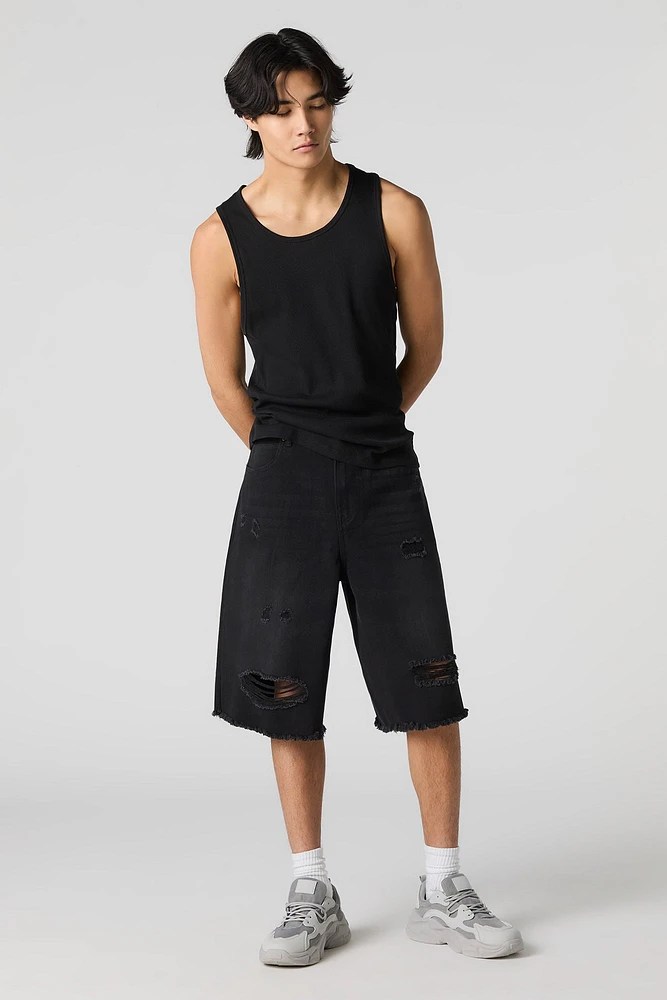 Black Wash Distressed Denim Skater Short