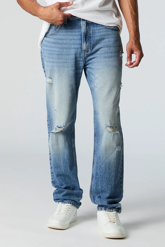 Medium Wash Distressed Straight Leg Jean