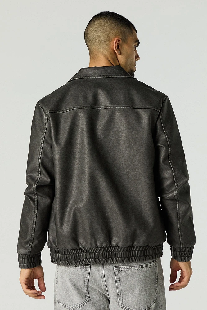 Faux Leather Collared Bomber Jacket