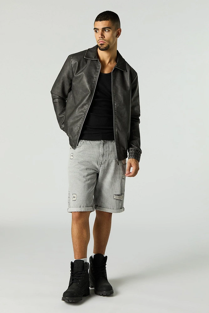 Faux Leather Collared Bomber Jacket