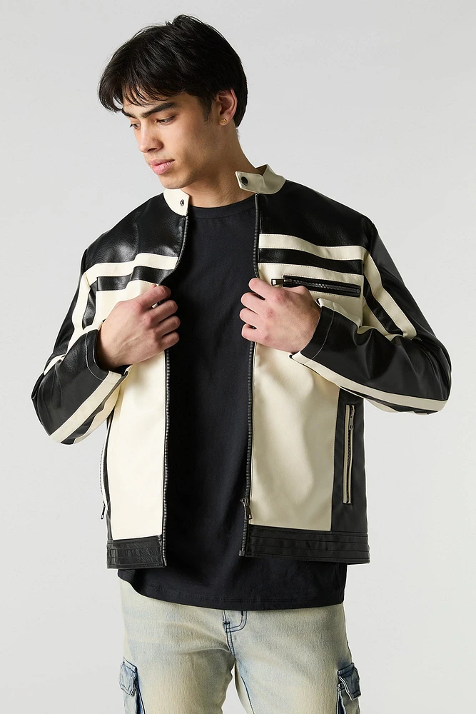 Faux Leather Colourblock Moto Jacket