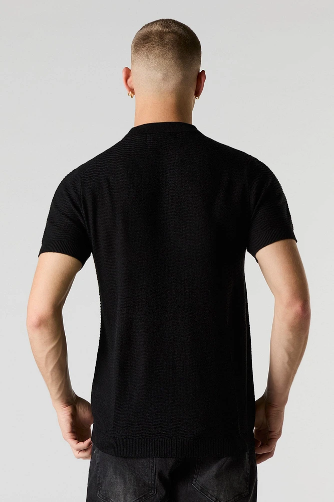 Textured Knit Zipper Polo Top