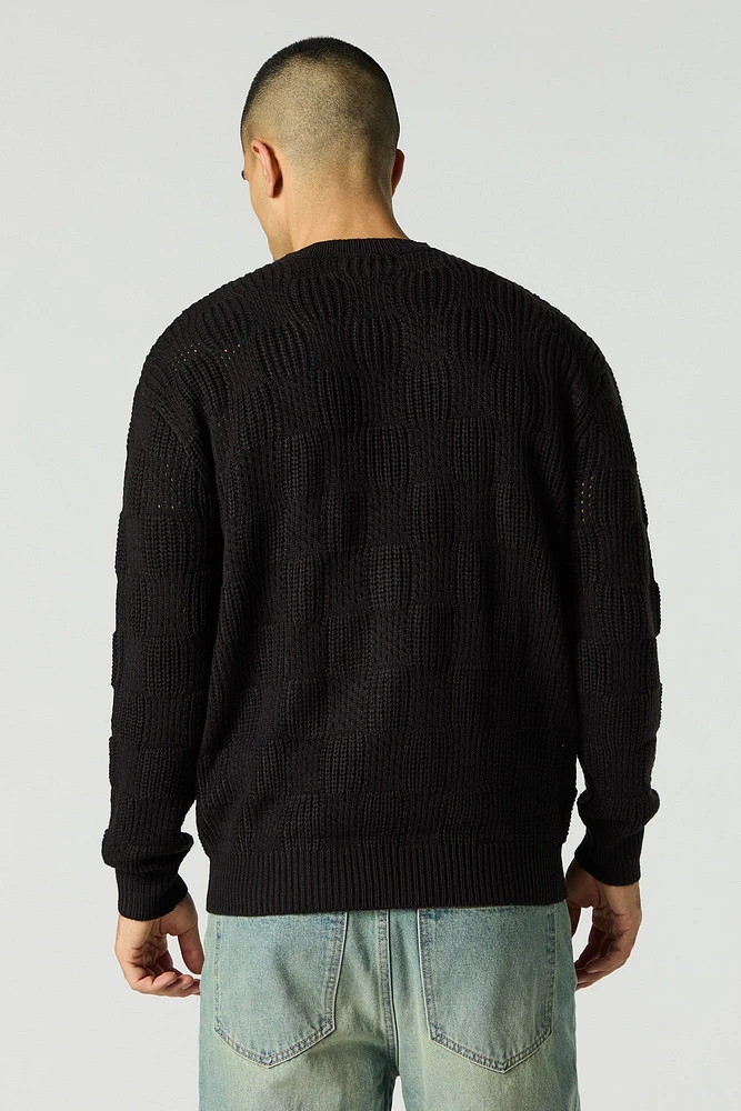 Textured Open Knit Crewneck Sweater