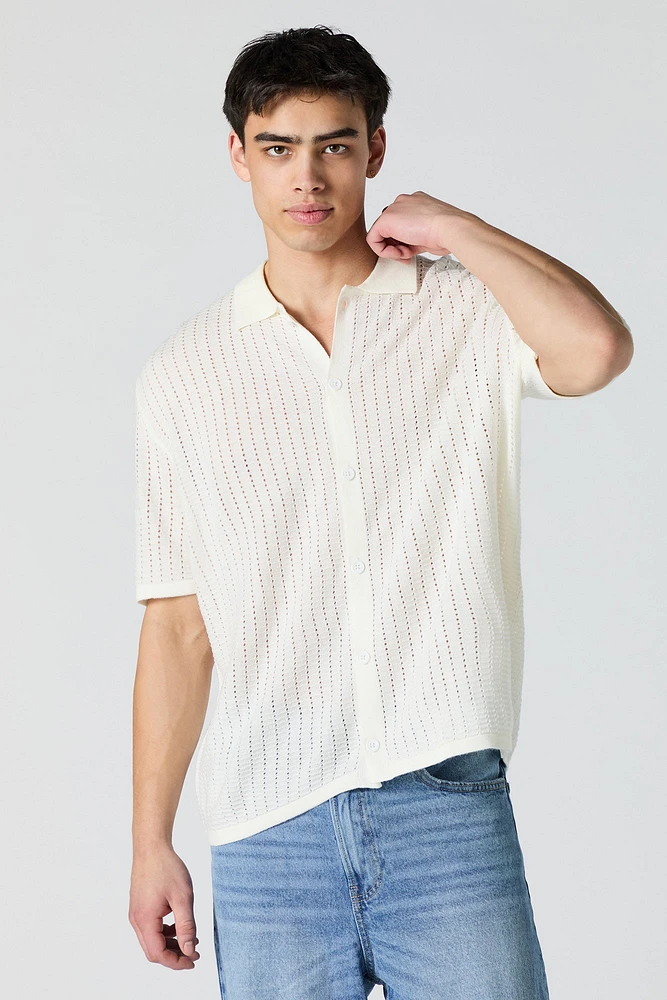 Open Knit Button-Up Short Sleeve Top