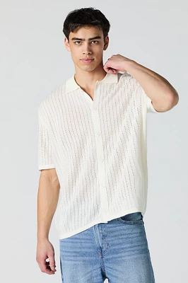 Open Knit Button-Up Short Sleeve Top