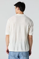 Open Knit Button-Up Short Sleeve Top