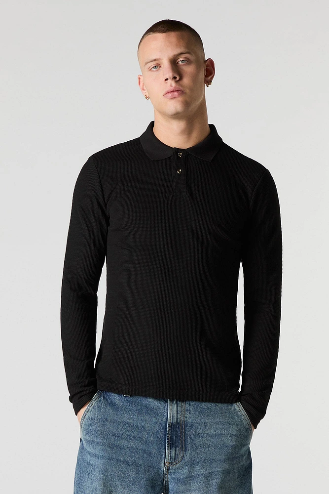 Waffle Knit Long Sleeve Polo Top