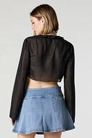 Mesh Ruffle Tie Front Long Sleeve Crop Top