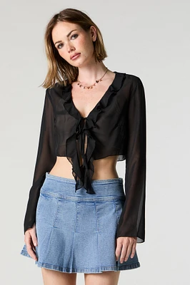 Mesh Ruffle Tie Front Long Sleeve Crop Top