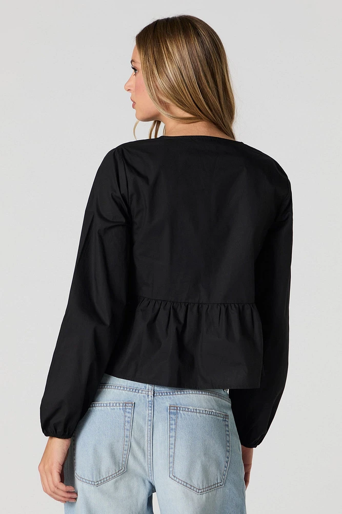 Poplin Tie Front Long Sleeve Top
