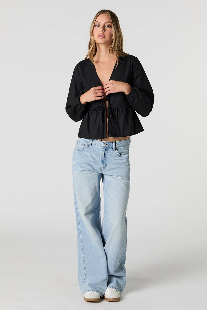 Poplin Tie Front Long Sleeve Top