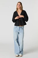 Poplin Tie Front Long Sleeve Top