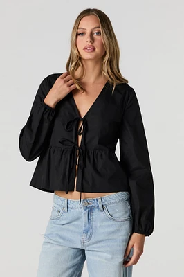 Poplin Tie Front Long Sleeve Top