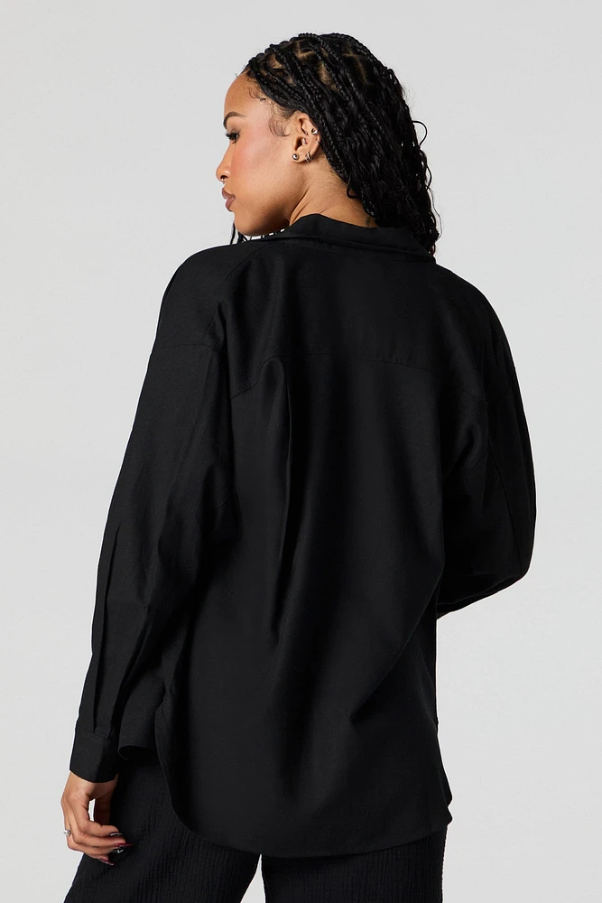 Linen-Blend Oversized Button-Up Top