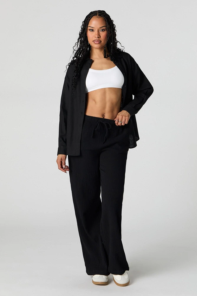 Linen-Blend Oversized Button-Up Top
