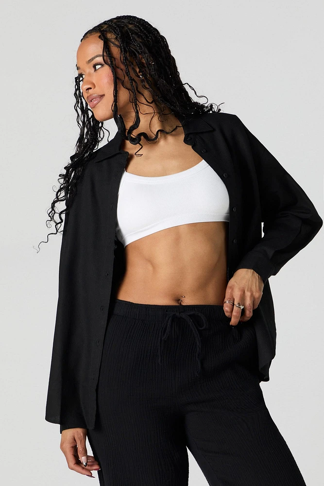 Linen-Blend Oversized Button-Up Top
