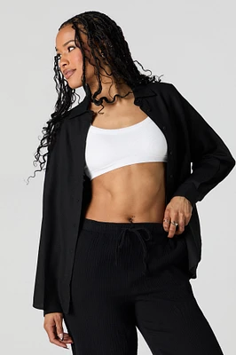 Linen-Blend Oversized Button-Up Top