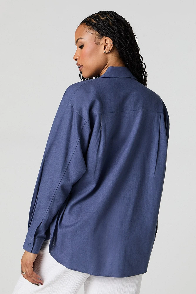 Linen-Blend Oversized Button-Up Top