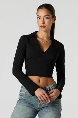 Zip-Up Collared Long Sleeve Crop Top