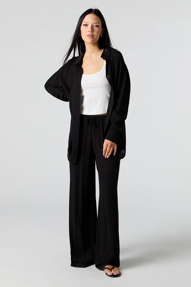 Crinkle Oversized Button-Up Top