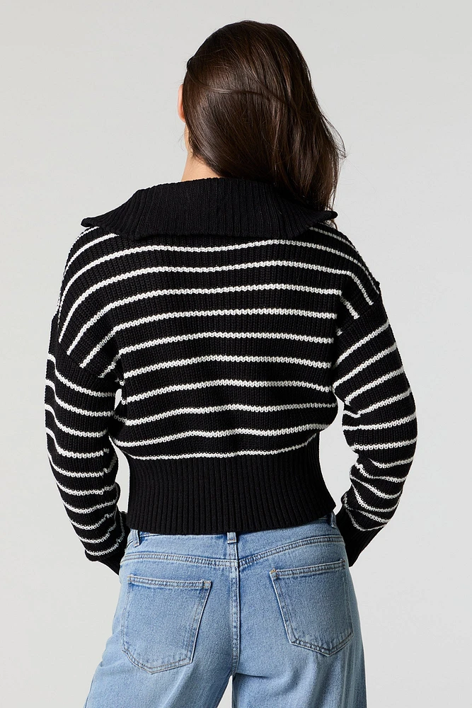 Striped Ribbed Knit Quarter Zip Sweater