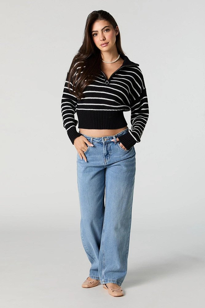 Striped Ribbed Knit Quarter Zip Sweater