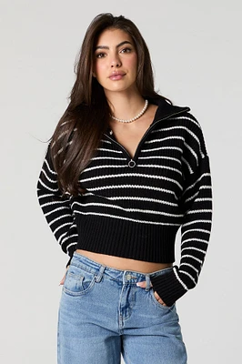 Striped Ribbed Knit Quarter Zip Sweater