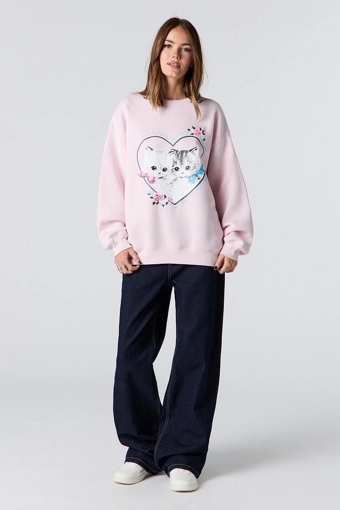 Kitten Graphic Rhinestone Fleece Sweatshirt