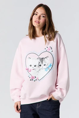 Kitten Graphic Rhinestone Fleece Sweatshirt